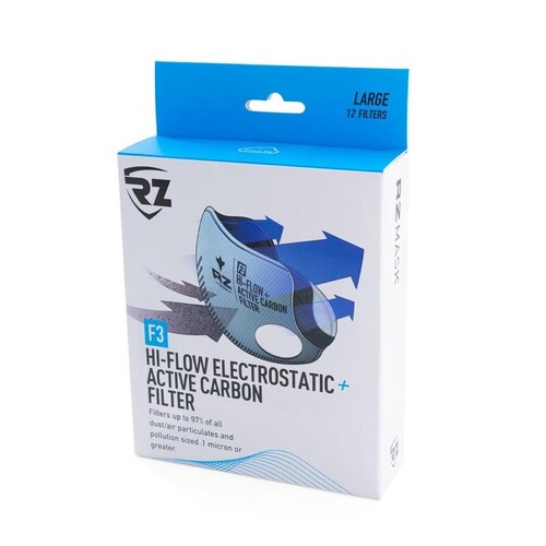 RZ Mask PREMIUM F3 HIGH AIRFLOW 99% + ACTIVE CARBON FILTER Replacement  - 12 Pack - Large